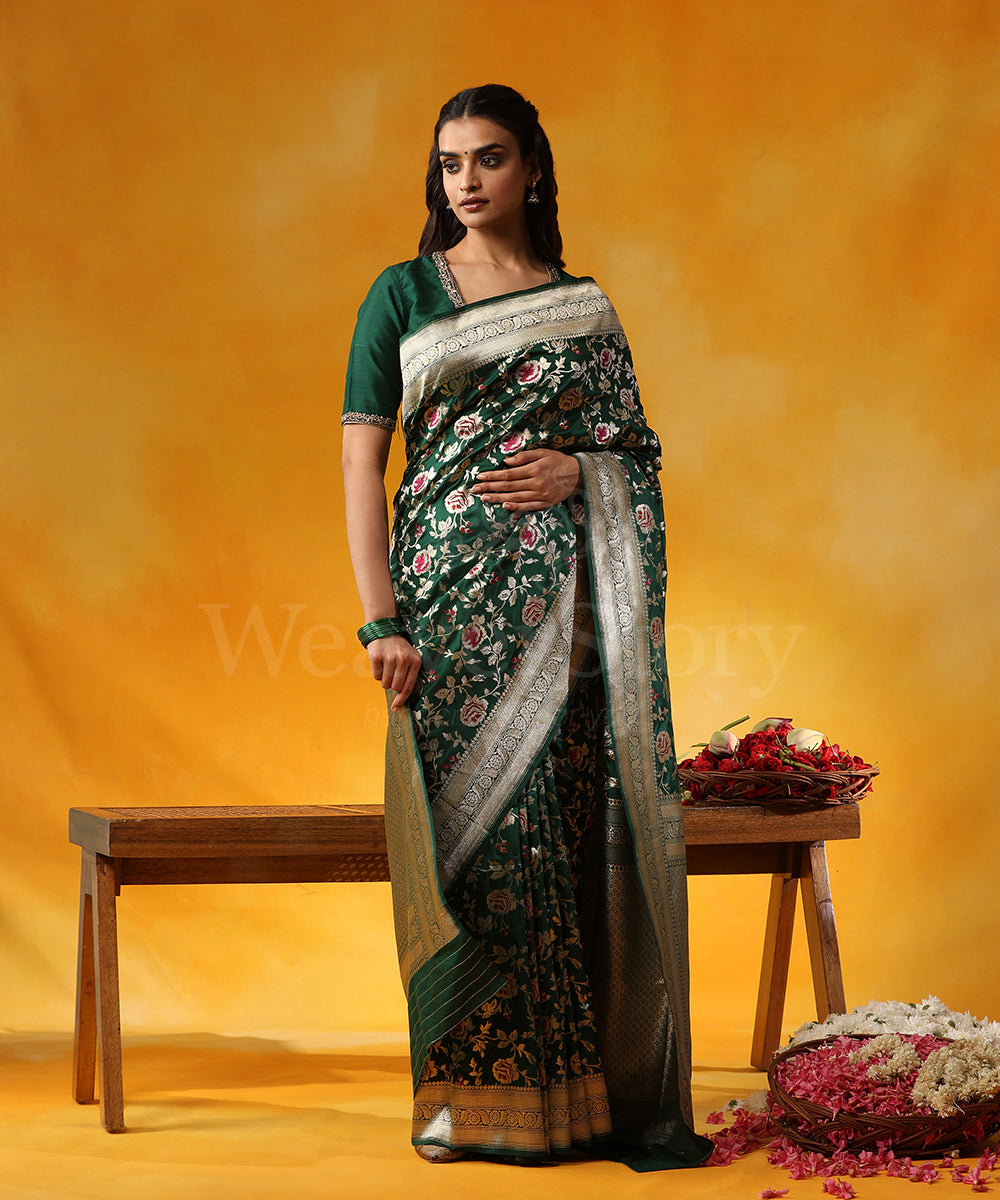 Green_Handloom_Pure_Katan_Silk_Banarasi_Saree_With_Allover_Rose_Jaal_And_Pink_Meena_WeaverStory_04