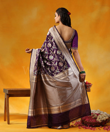 Purple_Handloom_Pure_Katan_Silk_Banarasi_Saree_With_Cutwork_Floral_Jaal_And_Meenakari_WeaverStory_03