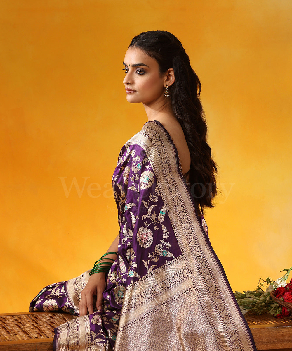 Purple_Handloom_Pure_Katan_Silk_Banarasi_Saree_With_Cutwork_Floral_Jaal_And_Meenakari_WeaverStory_02