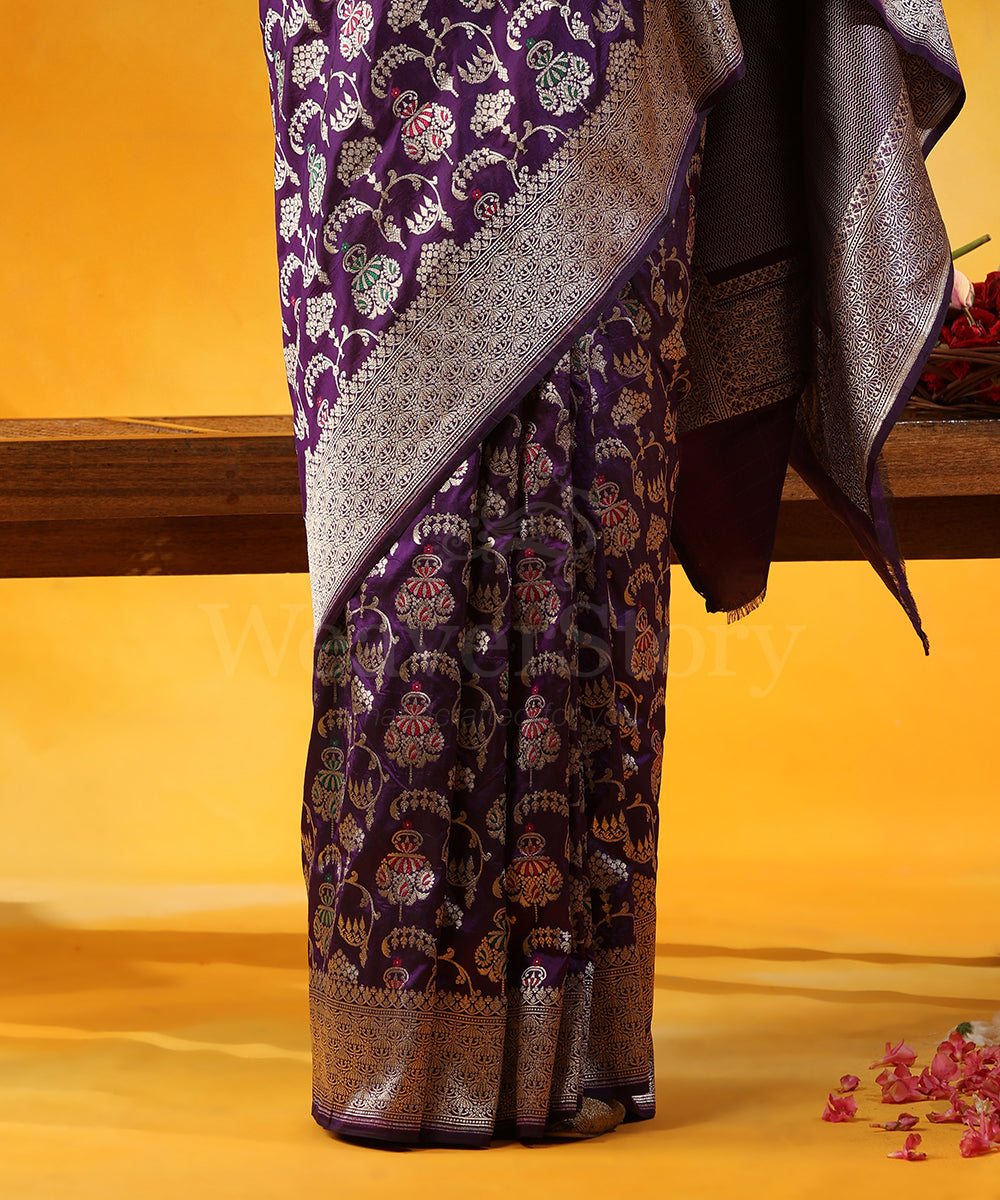 Purple_Handloom_Pure_Katan_Silk_Banarasi_Saree_With_Cutwork_Floral_Jaal_And_Meenakari_WeaverStory_04