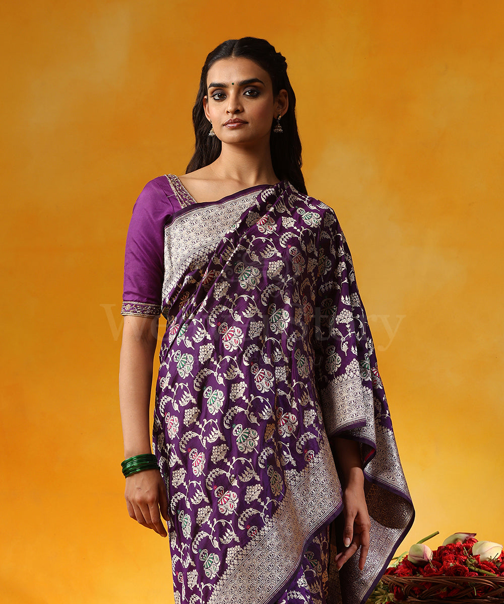 Purple_Handloom_Pure_Katan_Silk_Banarasi_Saree_With_Cutwork_Floral_Jaal_And_Meenakari_WeaverStory_02