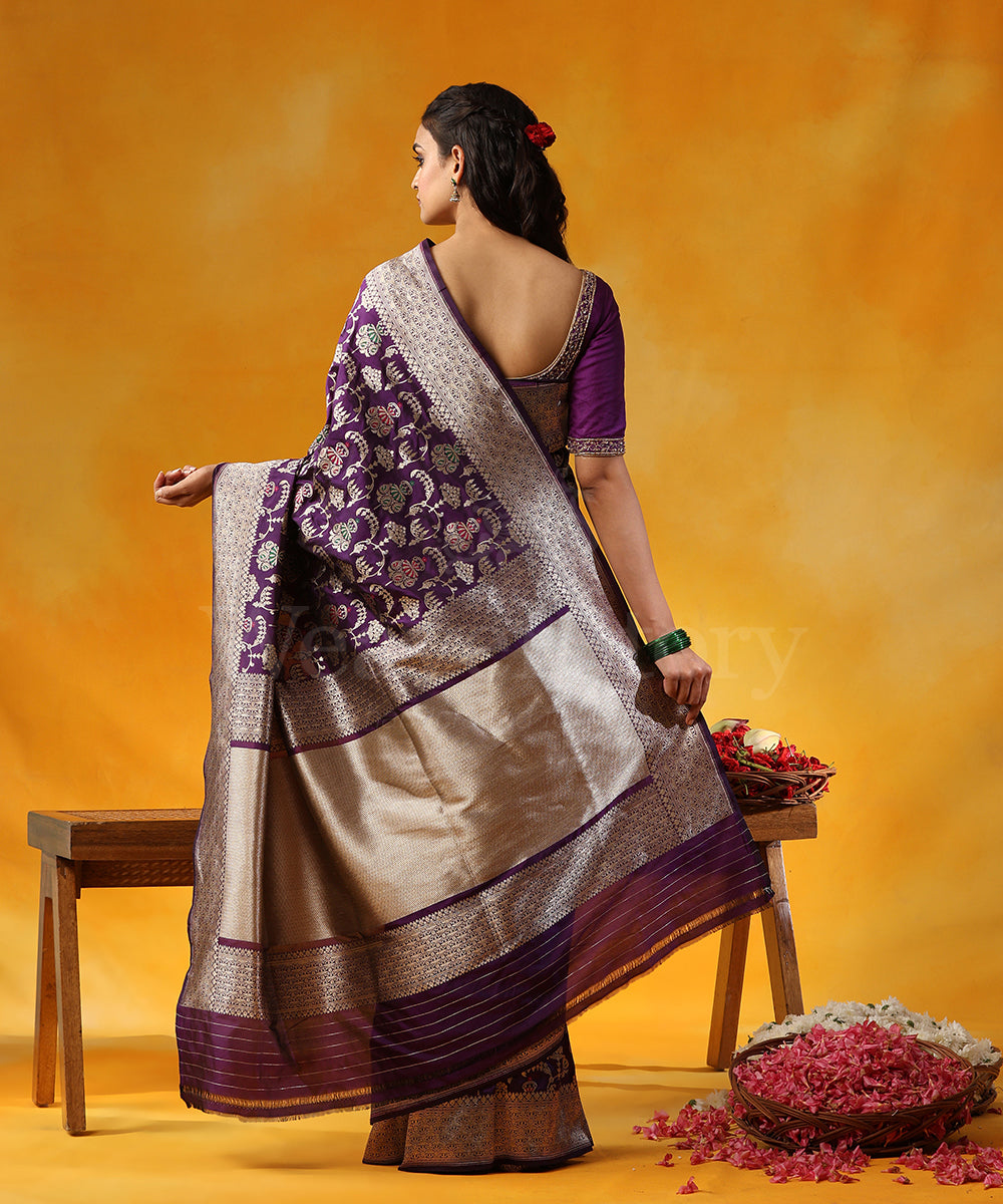 Purple_Handloom_Pure_Katan_Silk_Banarasi_Saree_With_Cutwork_Floral_Jaal_And_Meenakari_WeaverStory_03