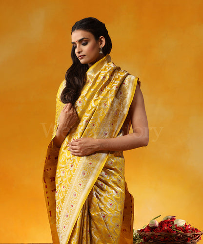 Handloom_Mustard_Pure_Katan_Silk_Banarasi_Saree_With_Cutwork_Zari_Jaal_And_Pink_Meenakari_WeaverStory_02