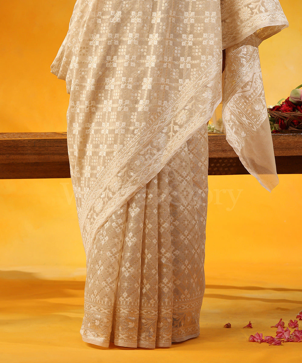 Handloom_Beige_Pure_Kora_Cotton_Banarasi_Saree_With_Jamdani_Weave_WeaverStory_04