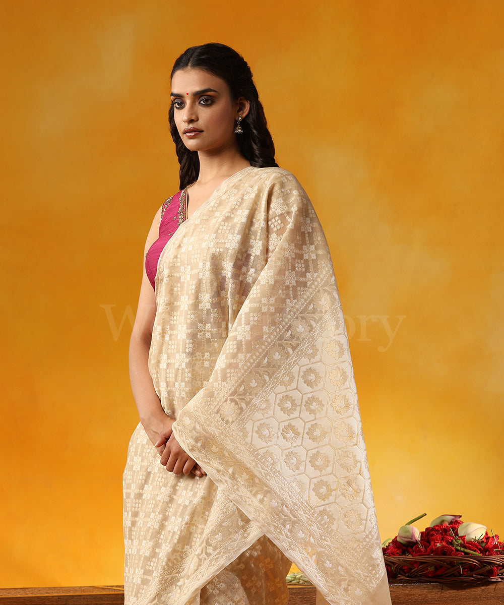 Handloom_Beige_Pure_Kora_Cotton_Banarasi_Saree_With_Jamdani_Weave_WeaverStory_02