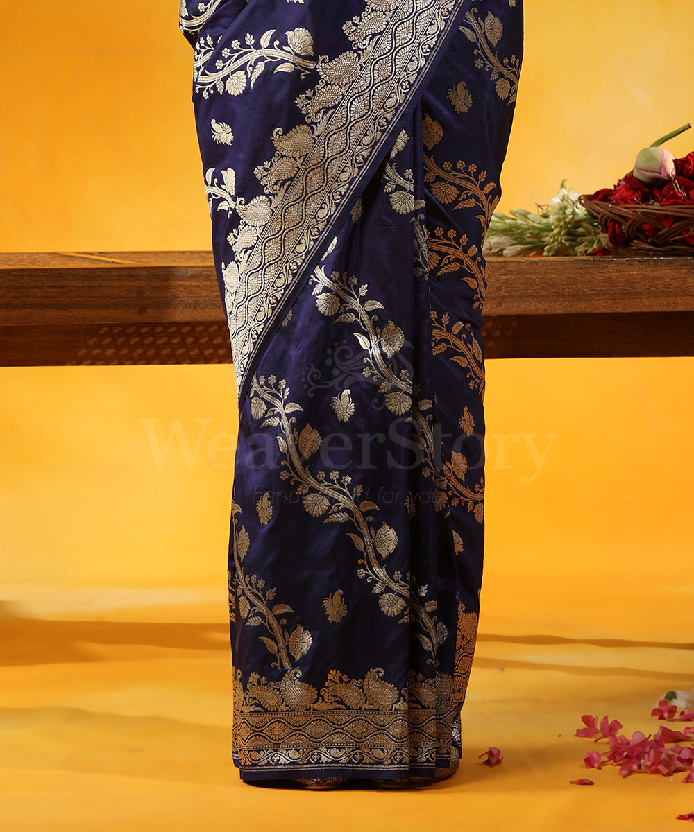 Blue_Handloom_Pure_Katan_Silk_Banarasi_Saree_With_Cutwork_Zari_Jaal_And_Ambi_Border_WeaverStory_04