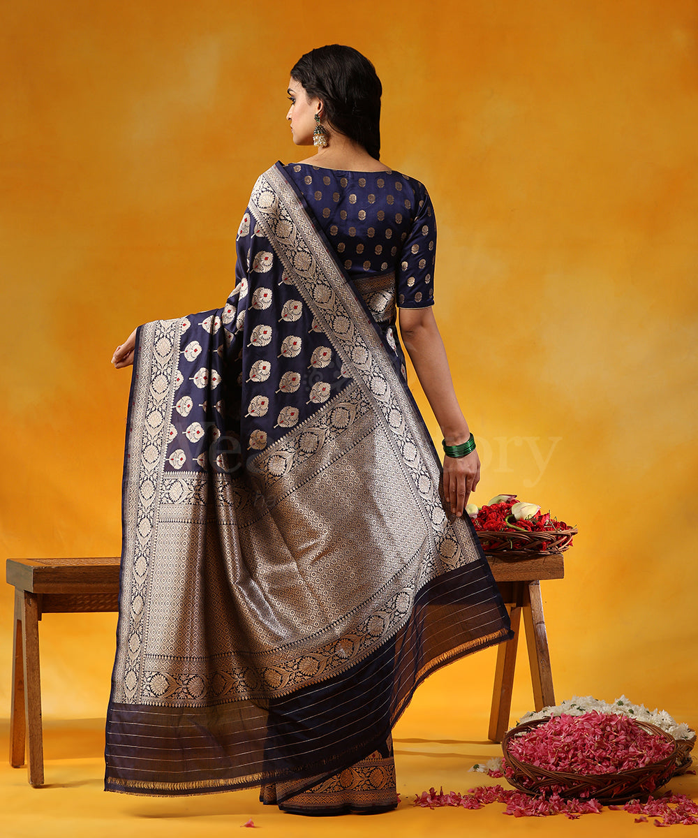 Handloom_Blue_Pure_Katan_Silk_Saree_Cutwork_Zari_Booti_With_Red_Meenakari_WeaverStory_03