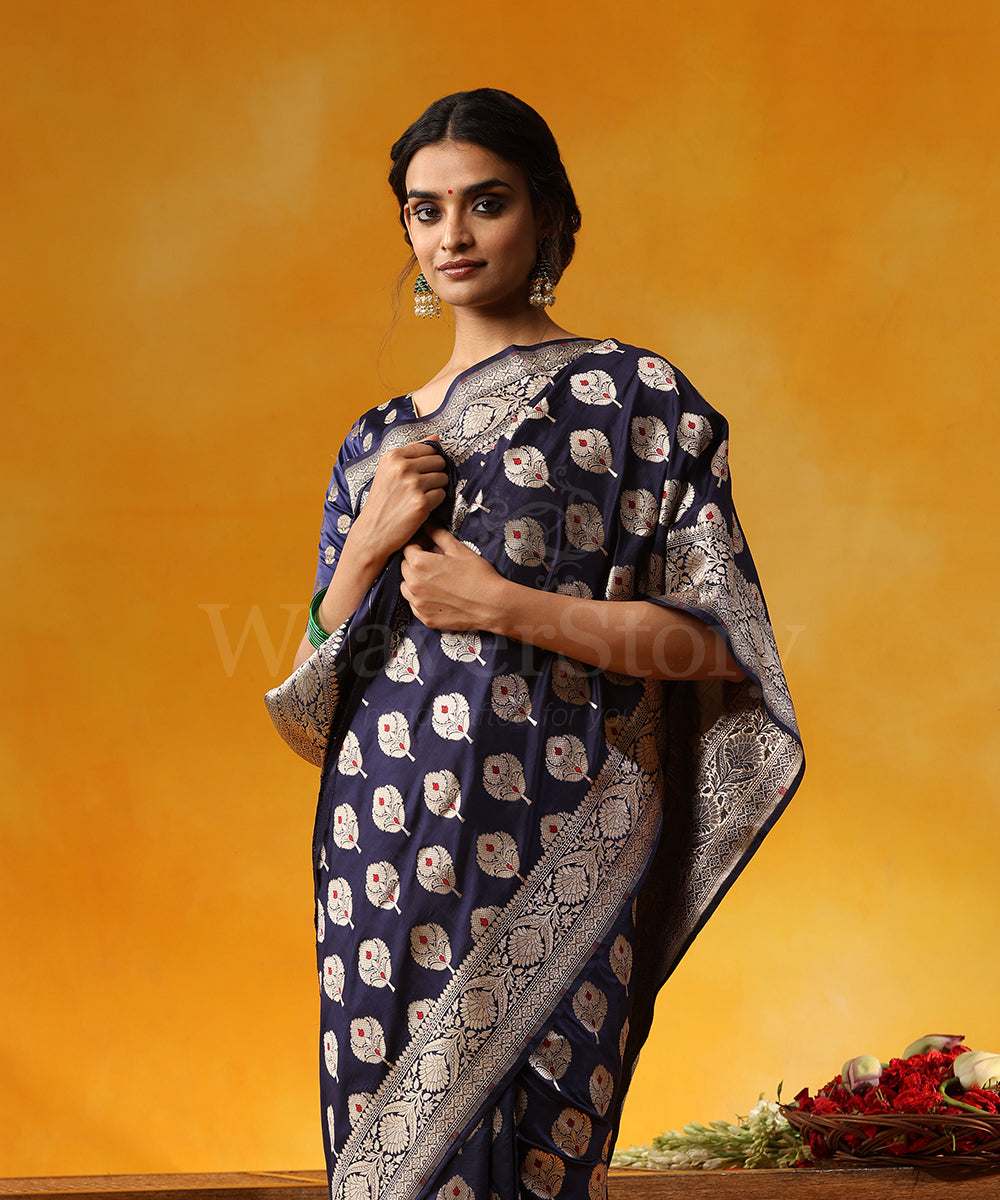 Handloom_Blue_Pure_Katan_Silk_Saree_Cutwork_Zari_Booti_With_Red_Meenakari_WeaverStory_02