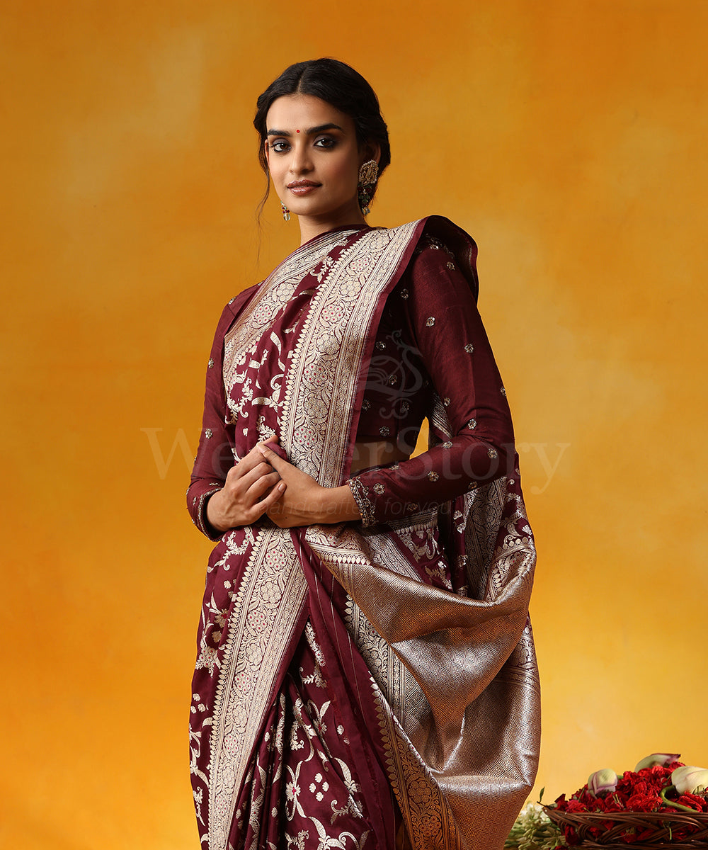 Handloom_Wine_Pure_Katan_Silk_Saree_Banarasi_Saree_With_Rani_Pink_Meenakari_WeaverStory_02