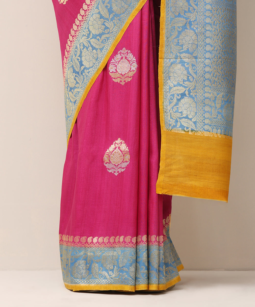 Handloom_Rani_Pink_Pure_Tusser_Georgette_Banarasi_Saree_With_Light_Blue_Border_WeaverStory_04