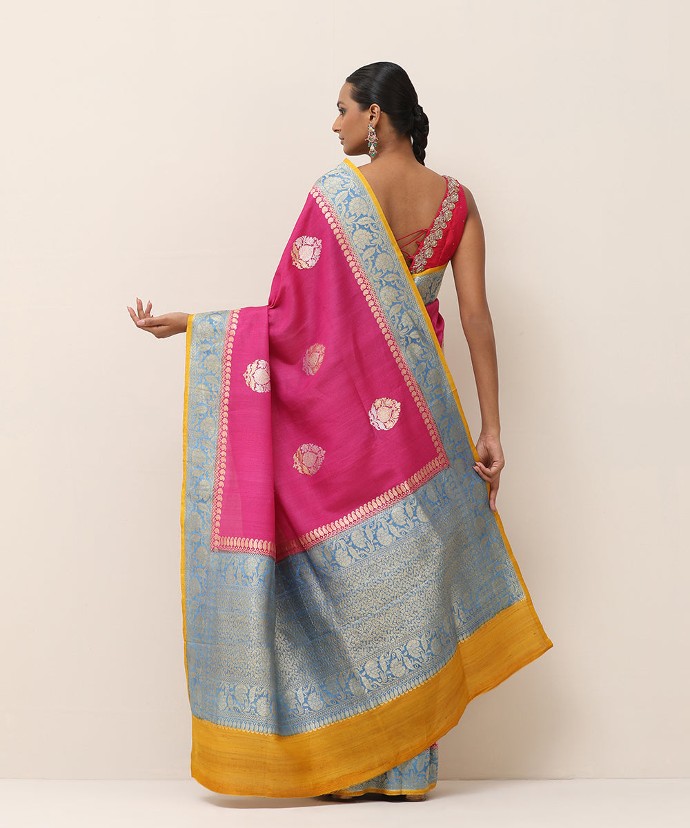 Handloom_Rani_Pink_Pure_Tusser_Georgette_Banarasi_Saree_With_Light_Blue_Border_WeaverStory_03