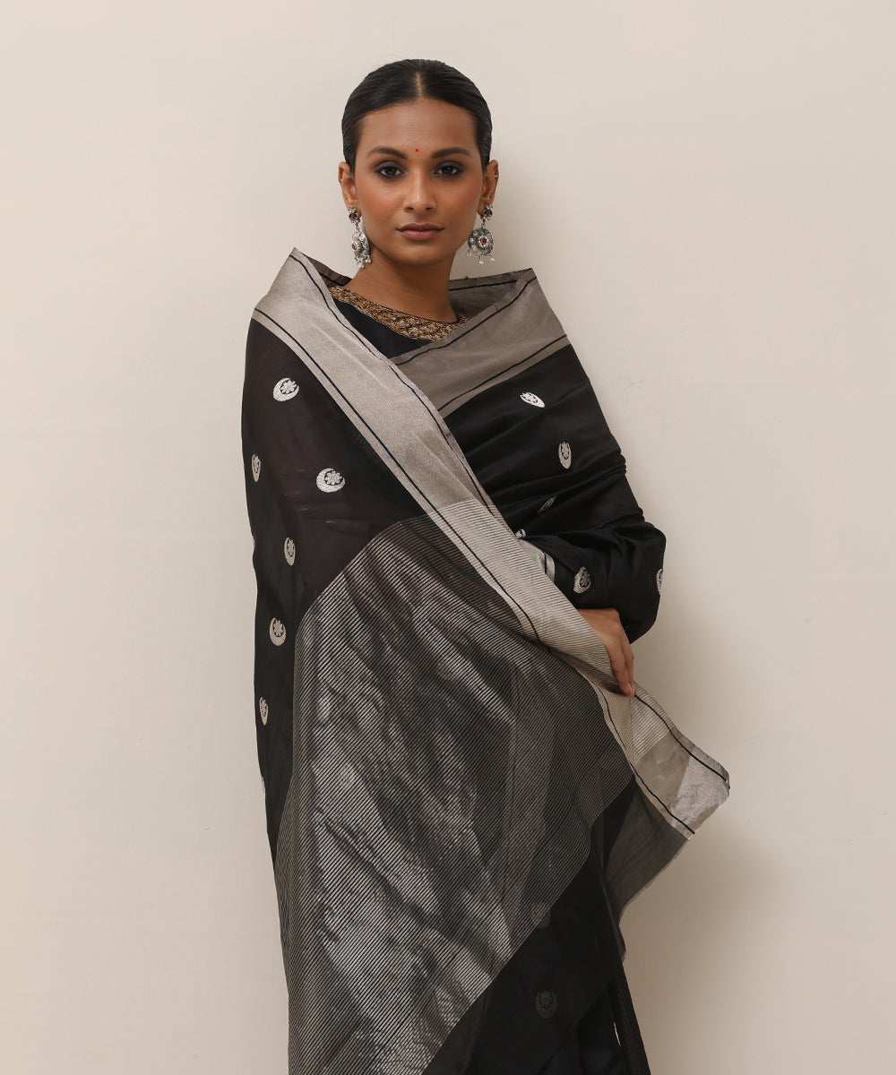 Black Handloom Pure Silk Chanderi Saree With Chand Boota