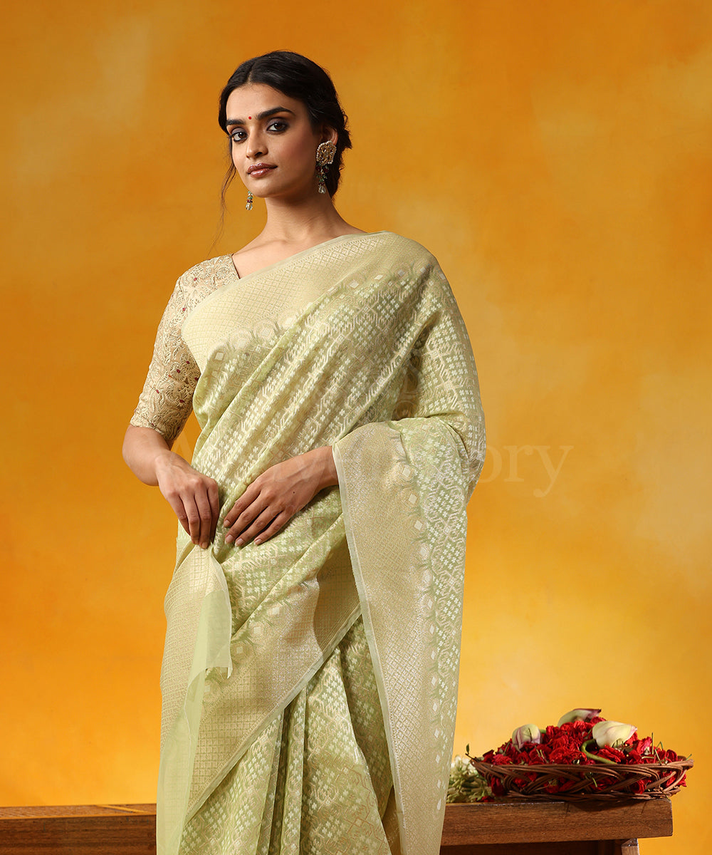 Handloom_Pista_Green_Pure_Kora_Cotton_Banarasi_Saree_With_Jamdani_Weave_WeaverStory_02