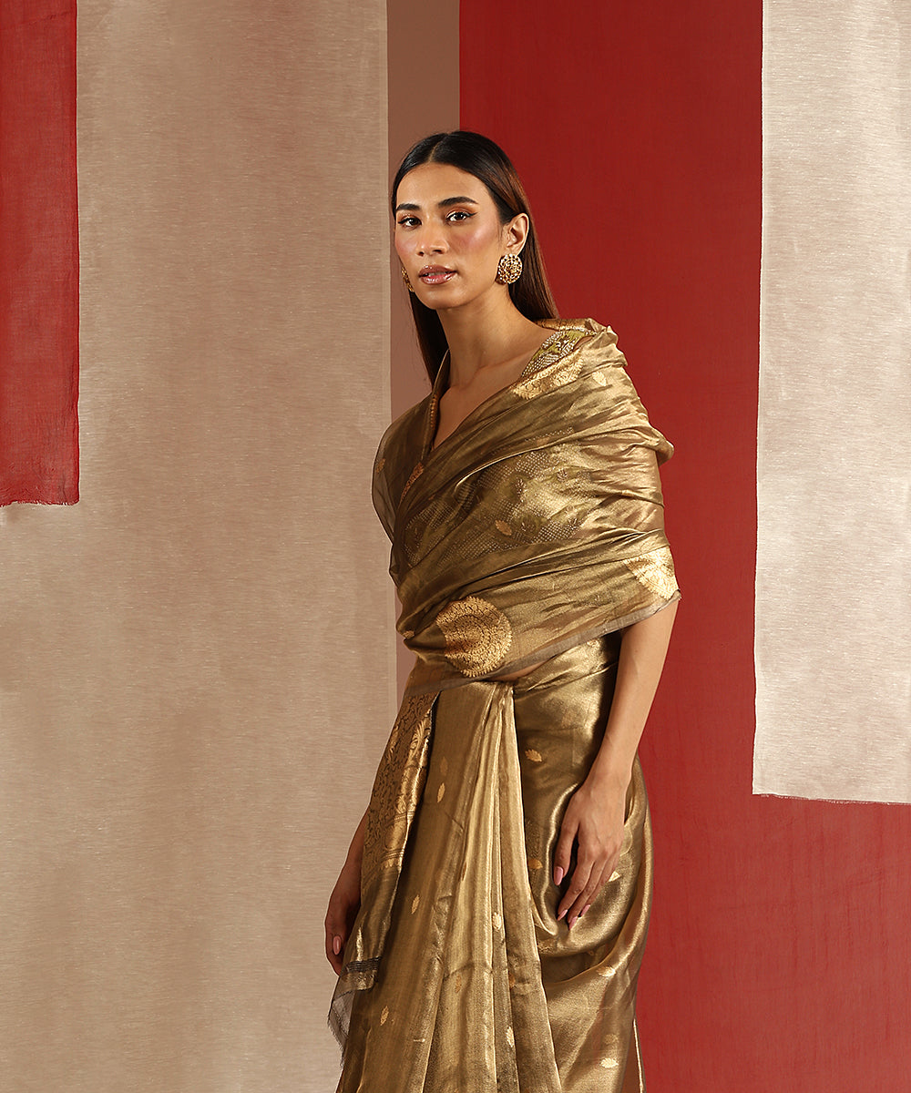 Olive_And_Gold_Handloom_Pure_Tissue_Silk_Banarasi_Saree_With_Kadhwa_Boota_WeaverStory_01
