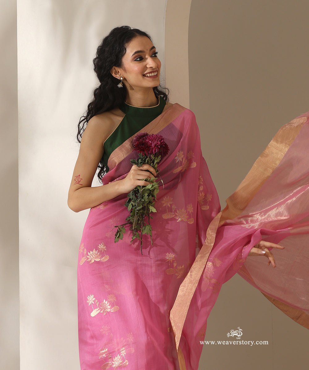 Dark_Pink_Handloom_Lotus_Motif_Cotton_Silk_Chanderi_Saree_WeaverStory_02