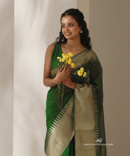 Olive_Green_Handloom_Plain_With_Broad_Border_Cotton_Silk_Chanderi_Saree_WeaverStory_02