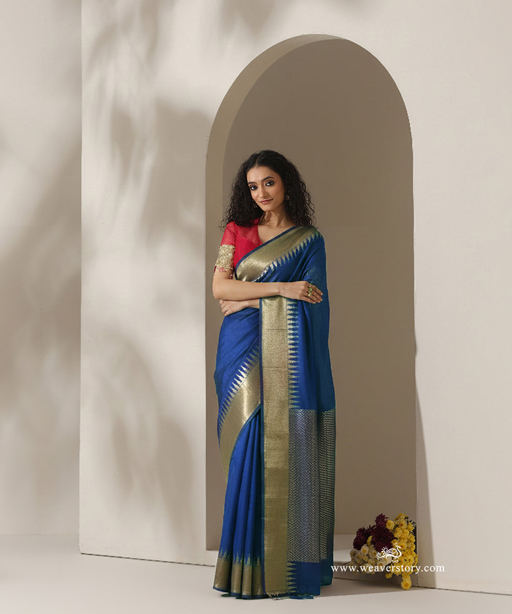 Royal_Blue_Handloom_Plain_With_Broad_Temple_Border_Cotton_Silk_Chanderi_Saree_WeaverStory_01