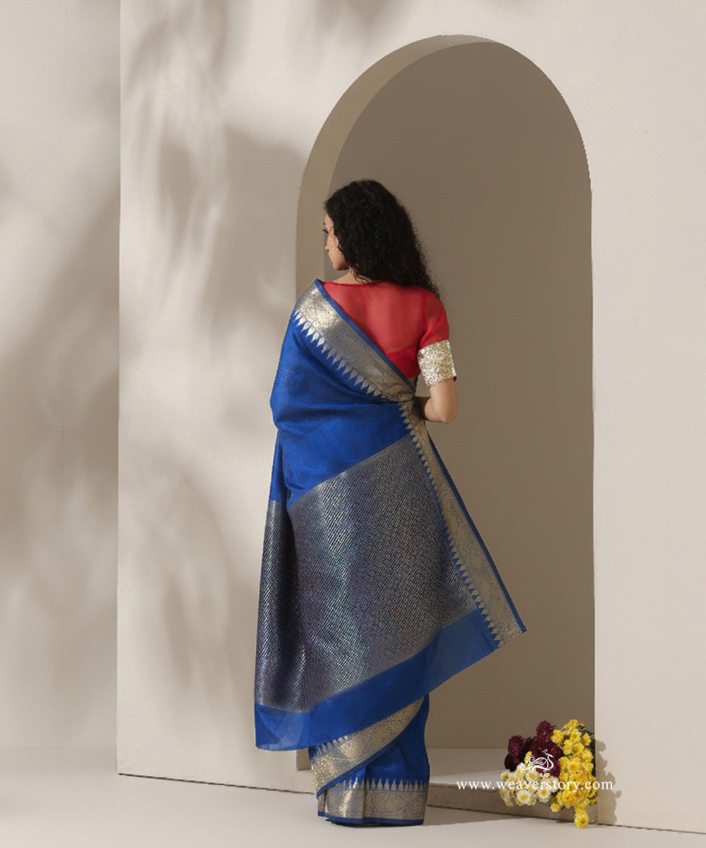Royal_Blue_Handloom_Plain_With_Broad_Temple_Border_Cotton_Silk_Chanderi_Saree_WeaverStory_03