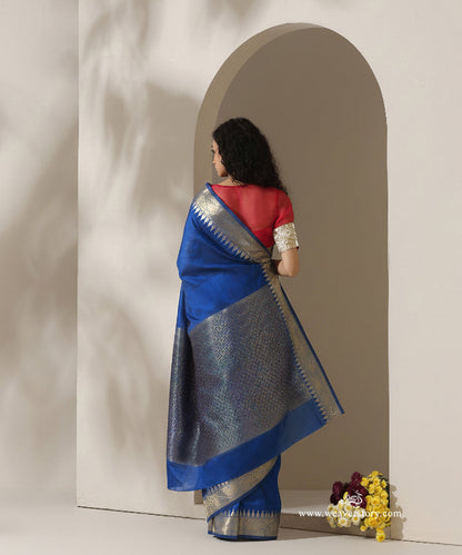 Royal_Blue_Handloom_Plain_With_Broad_Temple_Border_Cotton_Silk_Chanderi_Saree_WeaverStory_03