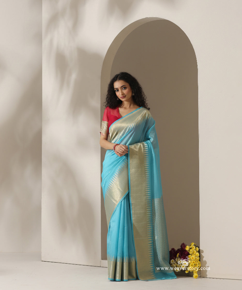 Firozi_Blue_Handloom_Plain_With_Broad_Temple_Border_Cotton_Silk_Chanderi_Saree_WeaverStory_01