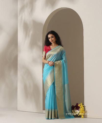Firozi_Blue_Handloom_Plain_With_Broad_Temple_Border_Cotton_Silk_Chanderi_Saree_WeaverStory_01
