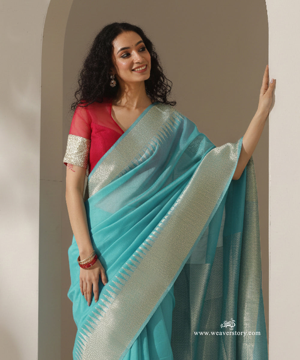 Firozi_Blue_Handloom_Plain_With_Broad_Temple_Border_Cotton_Silk_Chanderi_Saree_WeaverStory_02