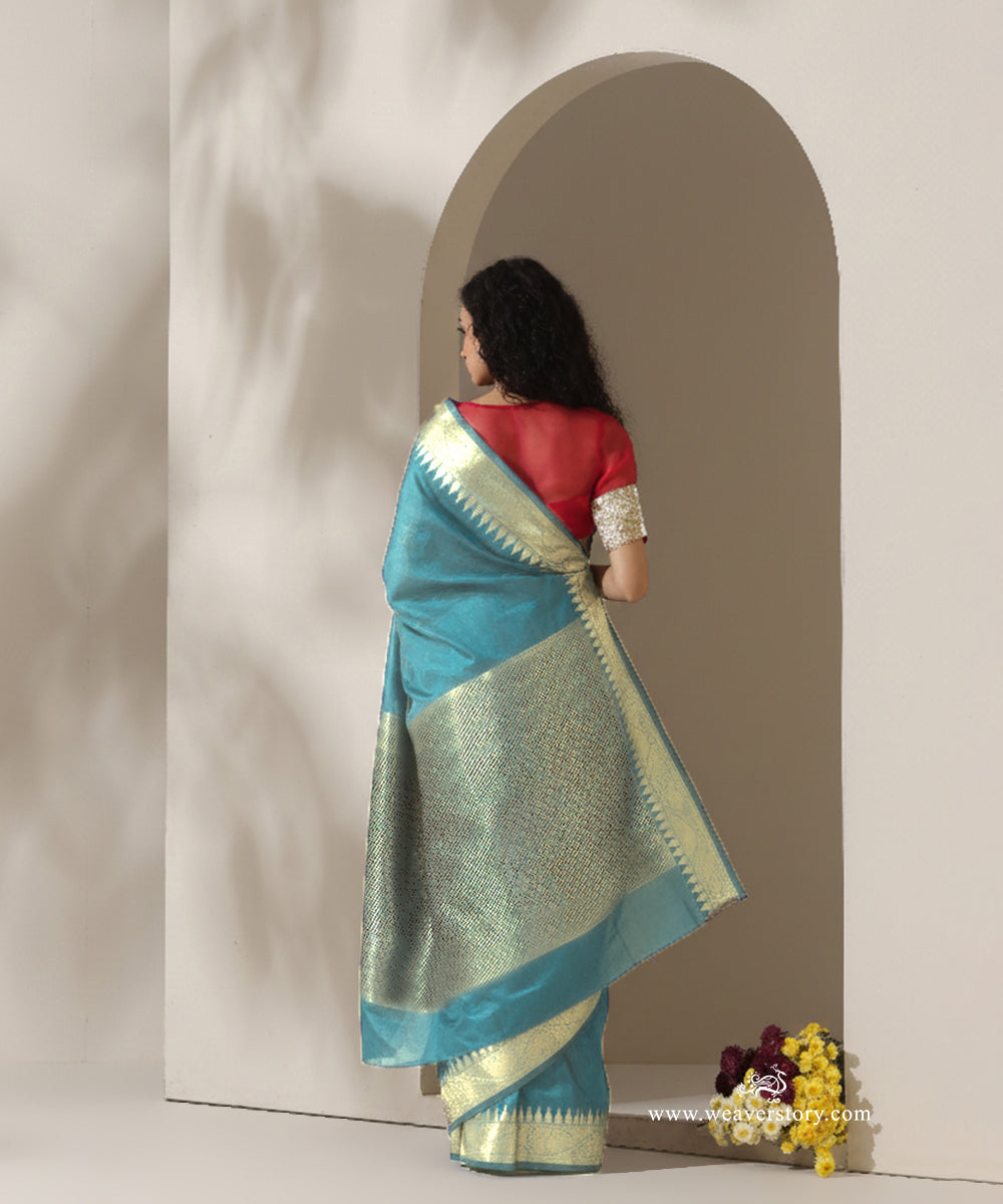 Firozi_Blue_Handloom_Plain_With_Broad_Temple_Border_Cotton_Silk_Chanderi_Saree_WeaverStory_03