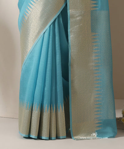 Firozi_Blue_Handloom_Plain_With_Broad_Temple_Border_Cotton_Silk_Chanderi_Saree_WeaverStory_04