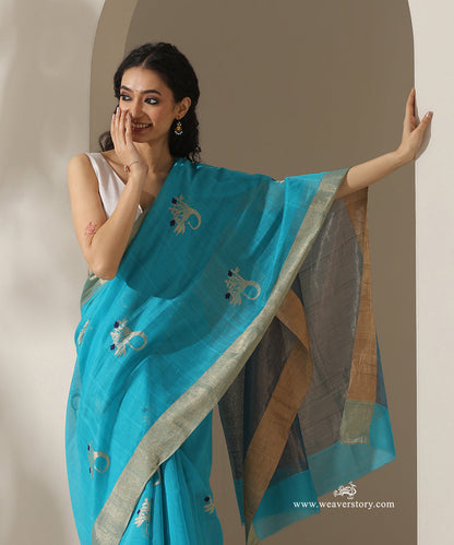 Turquoise_Blue_Handloom_Trumpet_Motif_Cotton_Silk_Chanderi_Saree_WeaverStory_02
