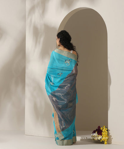Turquoise_Blue_Handloom_Trumpet_Motif_Cotton_Silk_Chanderi_Saree_WeaverStory_03