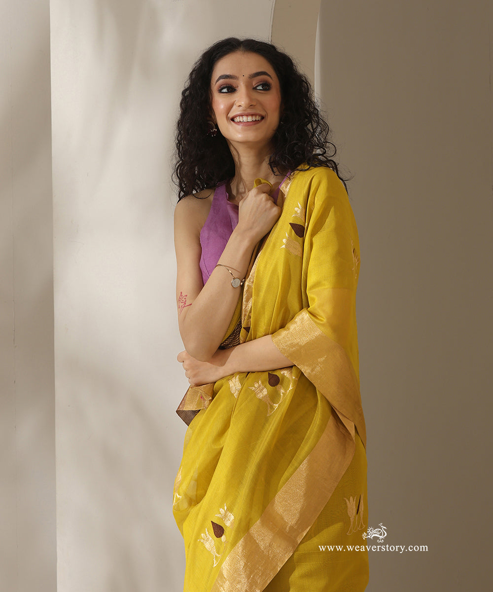 Elaichi_Yellow_Handloom_Tilak_Motif_Cotton_Silk_Chanderi_Saree_WeaverStory_02