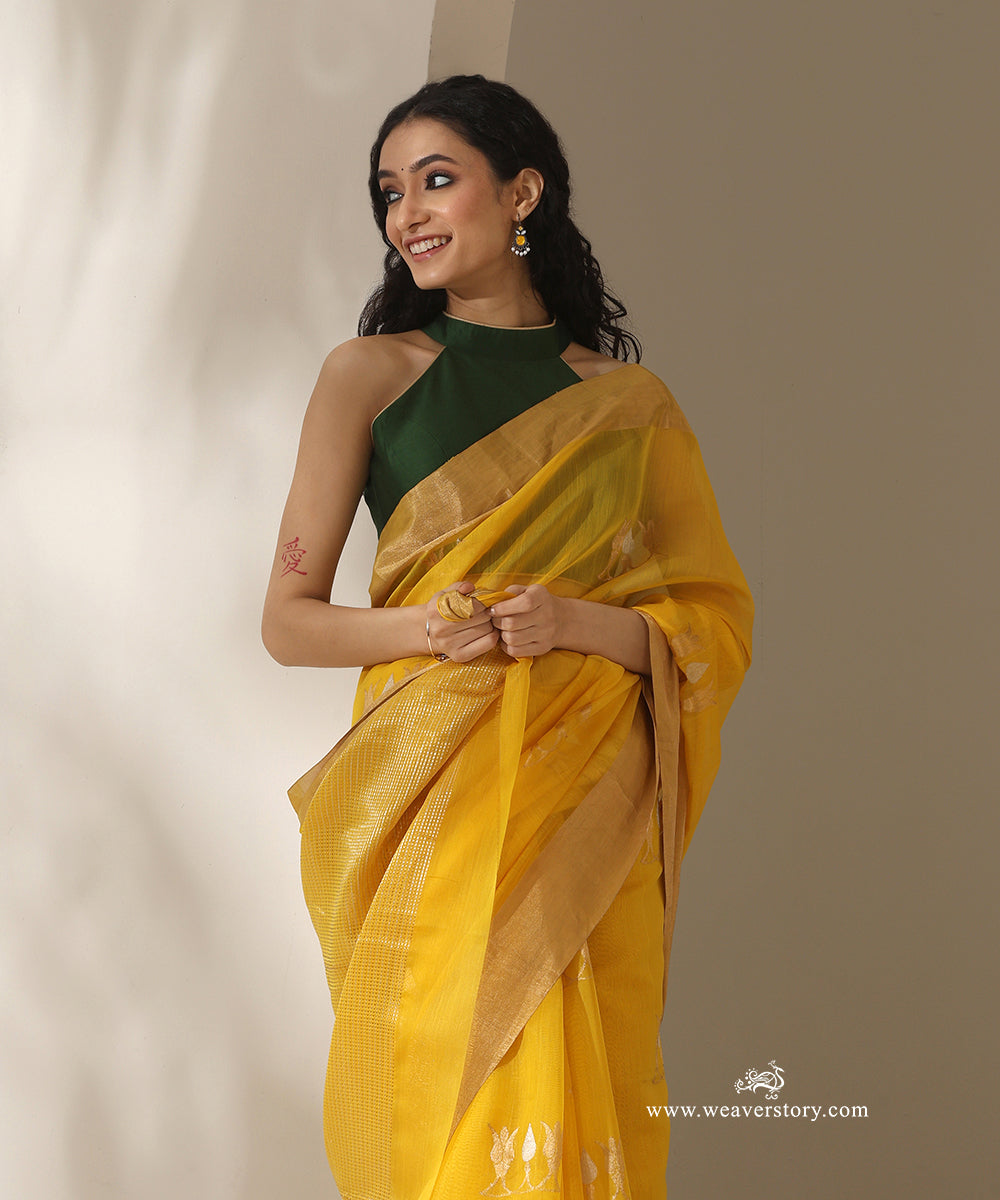 Yellow_Handloom_Tilak_Motif_Cotton_Silk_Chanderi_Saree_WeaverStory_02