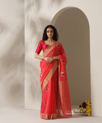 Tomato_Red_Handloom_Tilak_Motif_Cotton_Silk_Chanderi_Saree_WeaverStory_01