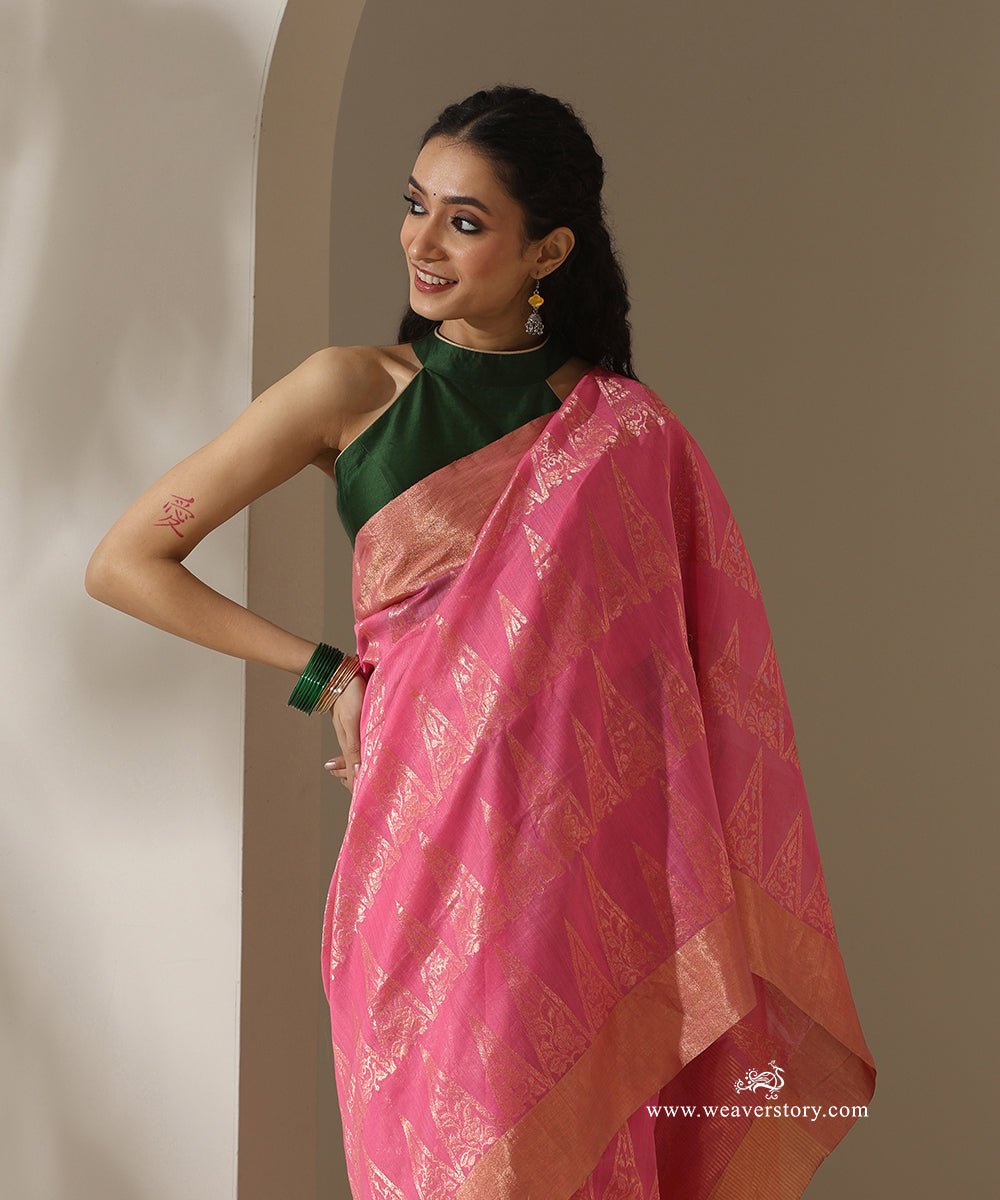 Pink_Handloom_Pyramid_Motif_Jaal_Cotton_Silk_Chanderi_Saree_WeaverStory_02