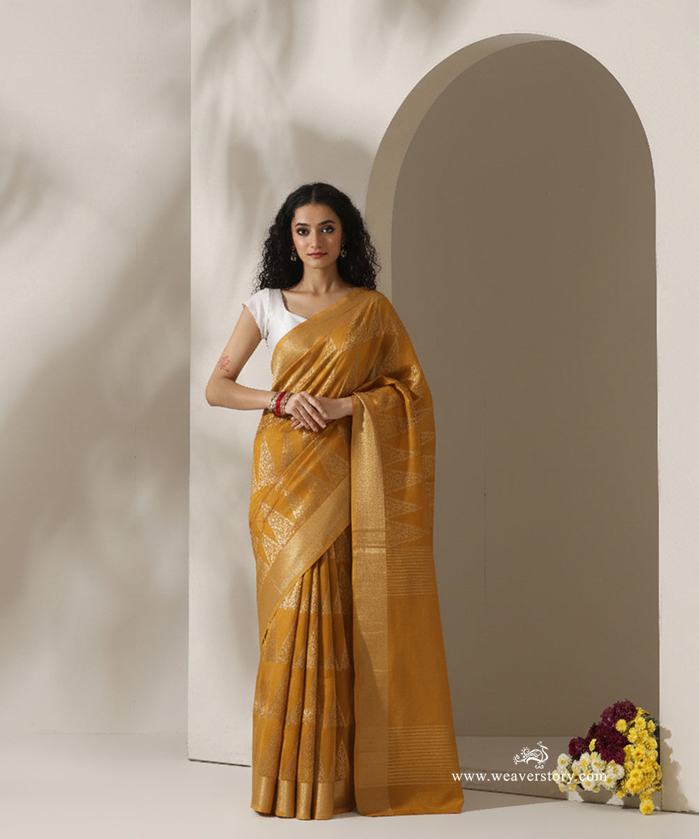 Mustard_Handloom_Pyramid_Jaal_Cotton_Silk_Chanderi_Saree_WeaverStory_01