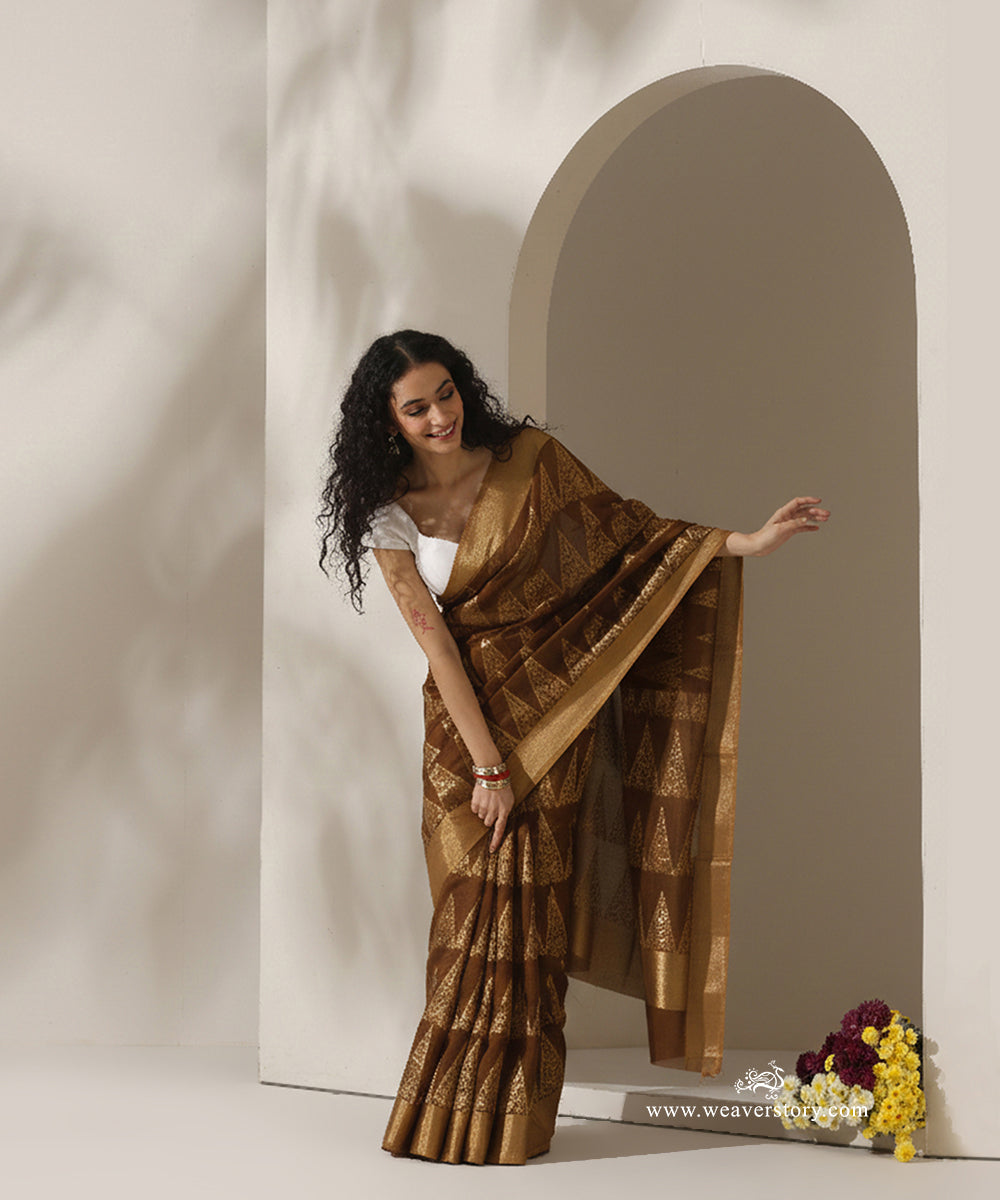 Brown_Handloom_Pyramid_Motif_Jaal_Cotton_Silk_Chanderi_Saree_WeaverStory_01