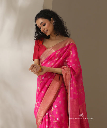 Pink_Handloom_Floral_Jaal_Rani_Cotton_Silk_Chanderi_Saree_WeaverStory_02