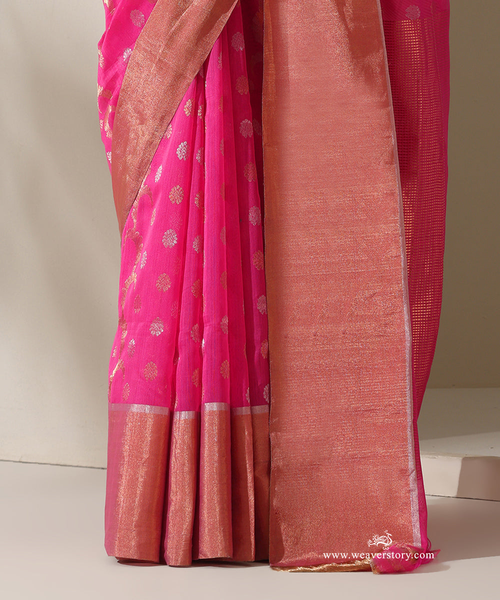 Pink_Handloom_Floral_Jaal_Rani_Cotton_Silk_Chanderi_Saree_WeaverStory_04