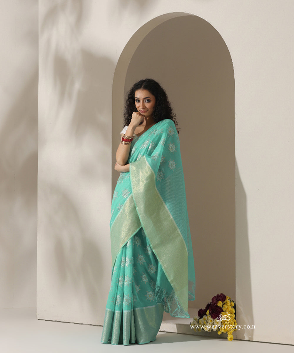 Firozi_Blue_Handloom_Sunflower_Motif_Jaal_Cotton_Silk_Chanderi_Saree_WeaverStory_01