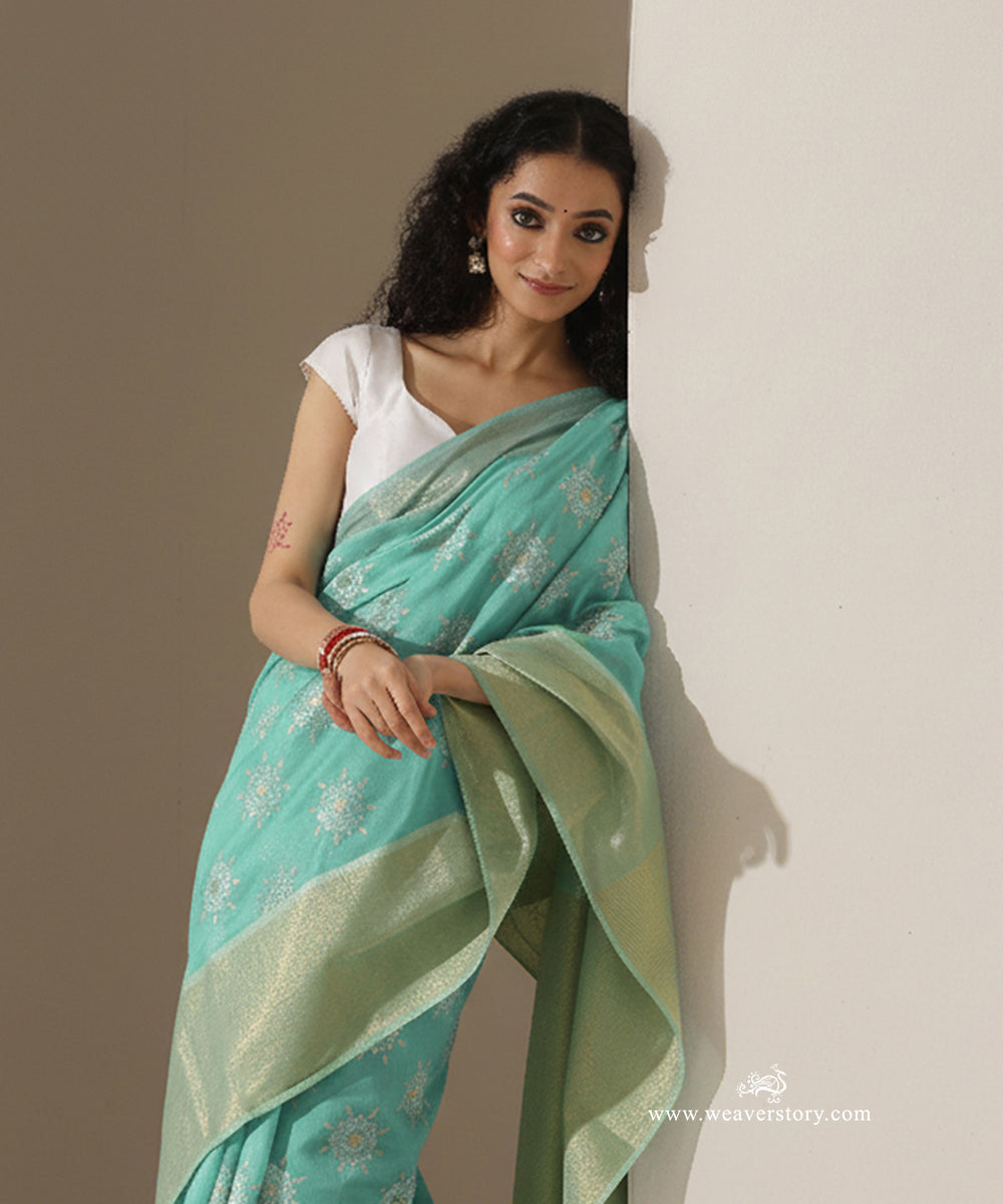 Firozi_Blue_Handloom_Sunflower_Motif_Jaal_Cotton_Silk_Chanderi_Saree_WeaverStory_02