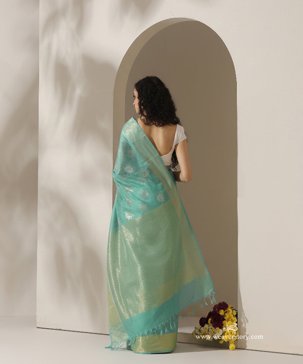 Firozi_Blue_Handloom_Sunflower_Motif_Jaal_Cotton_Silk_Chanderi_Saree_WeaverStory_03