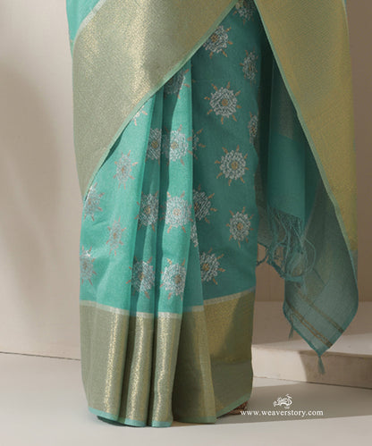Firozi_Blue_Handloom_Sunflower_Motif_Jaal_Cotton_Silk_Chanderi_Saree_WeaverStory_04