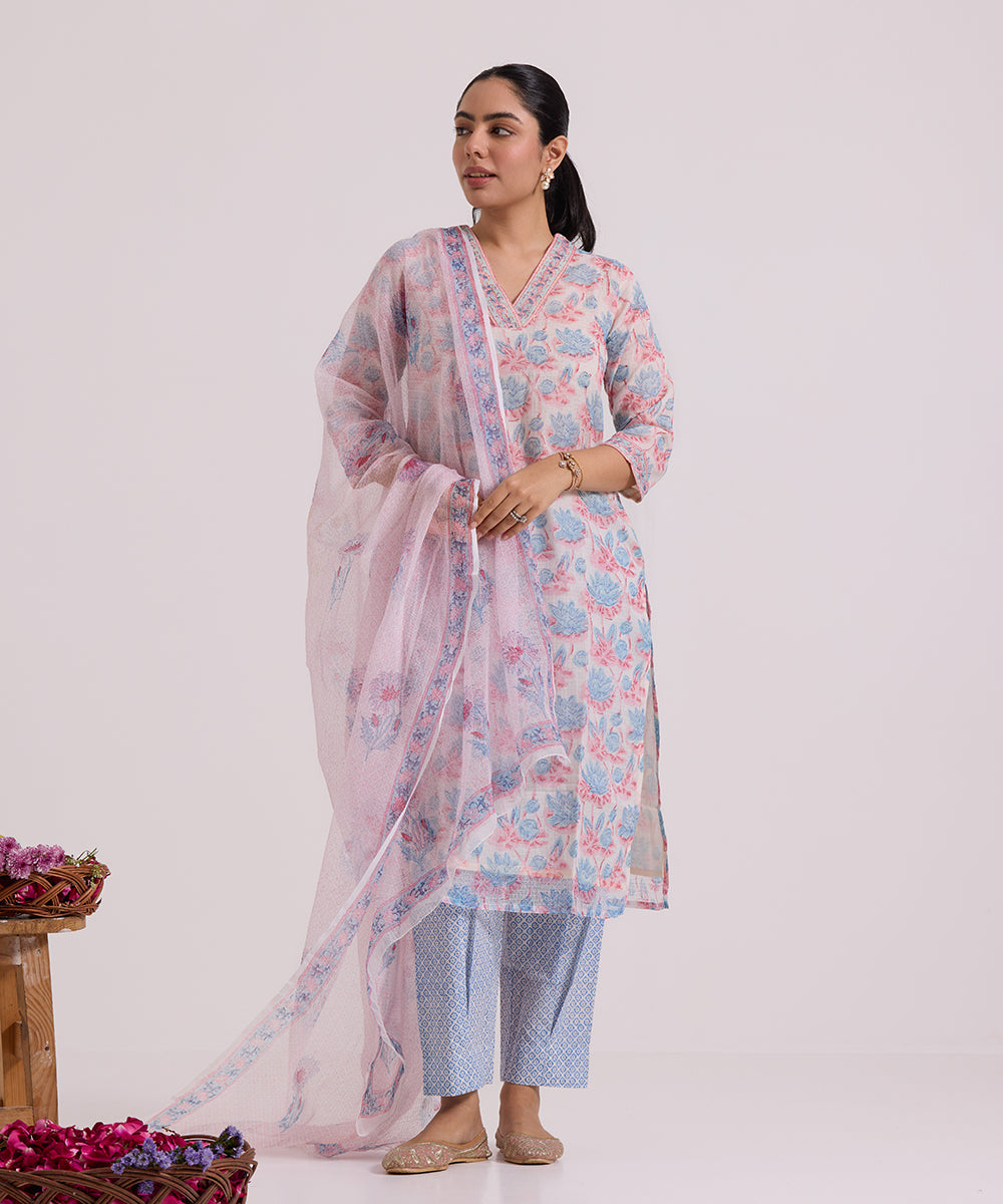 White_Lotus_Hand_Block_Printed_Kota_Doria_Suit_Set_With_Dupatta_WeaverStory_01