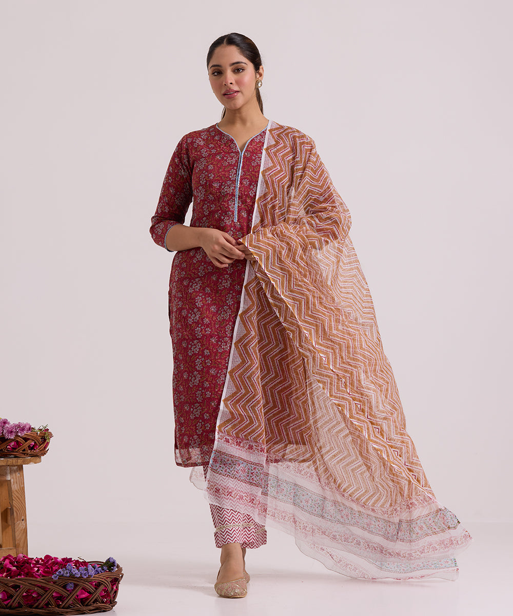 Red_Hand_Block_Printed_Kota_Doria_Suit_Set_With_Dupatta_WeaverStory_01