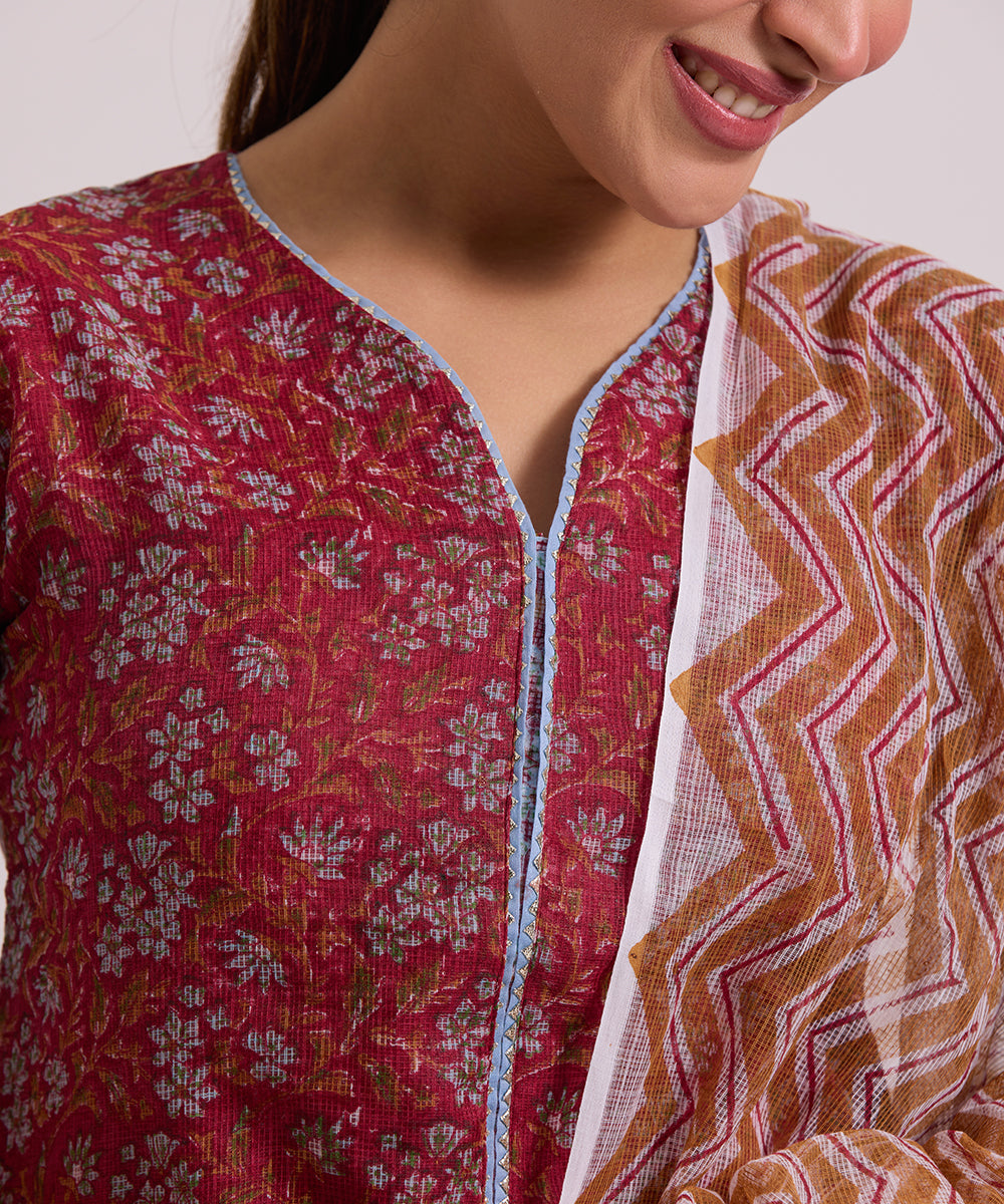Red_Hand_Block_Printed_Kota_Doria_Suit_Set_With_Dupatta_WeaverStory_06