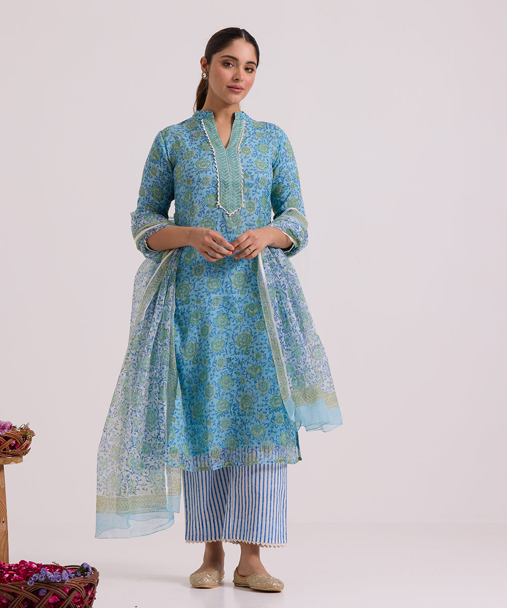 Blue_Hand_Block_Printed_Kota_Doria_Suit_Set_With_Dupatta_WeaverStory_01