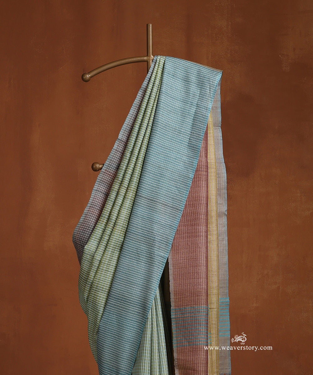 Mustard_Handloom_Pure_Tussar_Silk_Self_Line_Weave_Saree_With_Pista_Pallu_WeaverStory_02