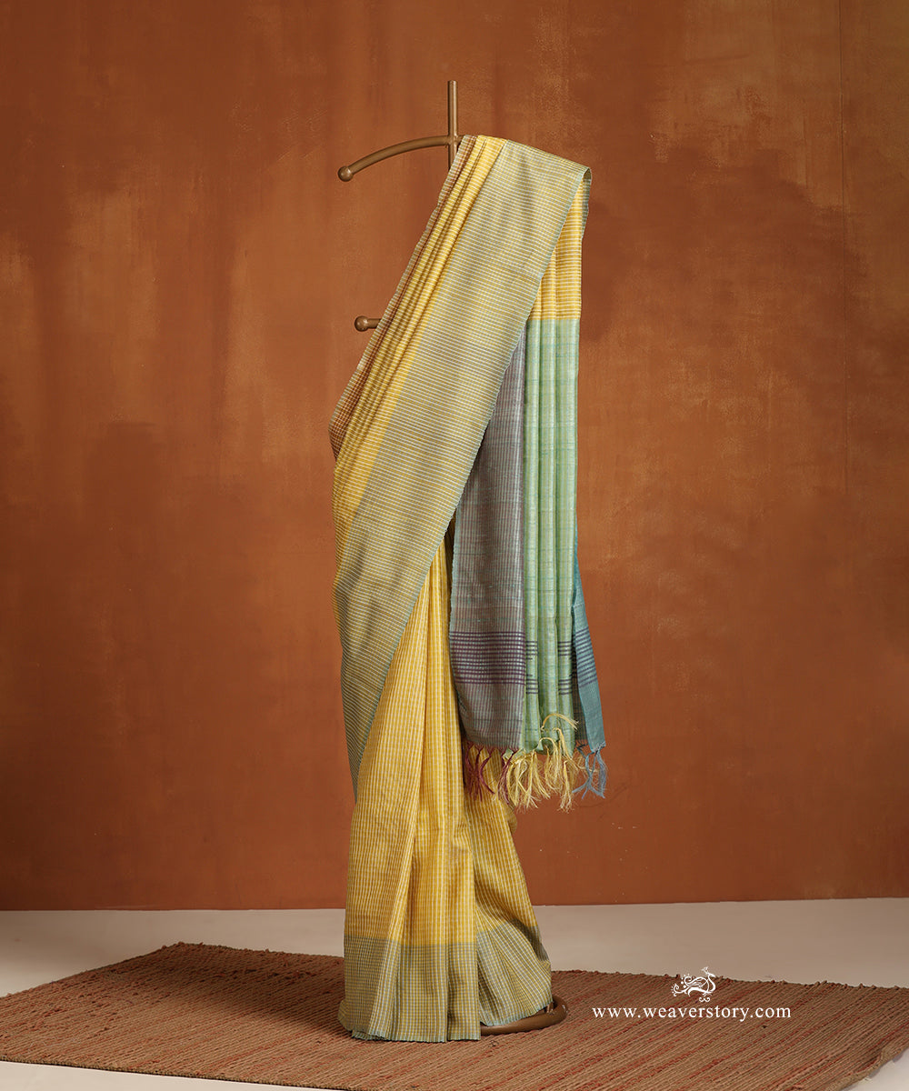 Yellow_Handloom_Pure_Tussar_Silk_Self_Checks_Weave_Border_Saree_With_Pista_Pallu_WeaverStory_01