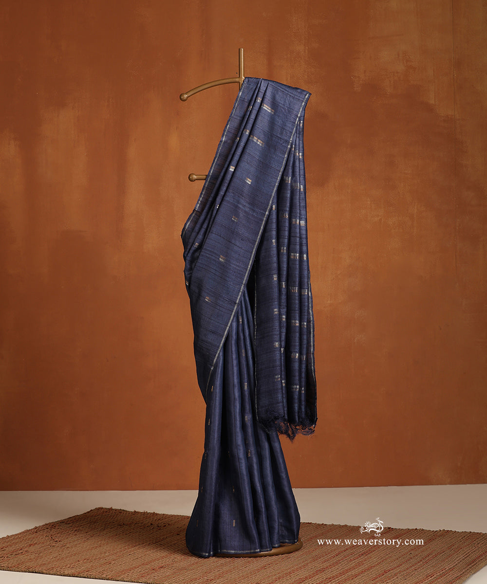 Blue_Handloom_Pure_Tussar_Silk_Saree_With_Gold_And_Silver_Zari_Lines_WeaverStory_01