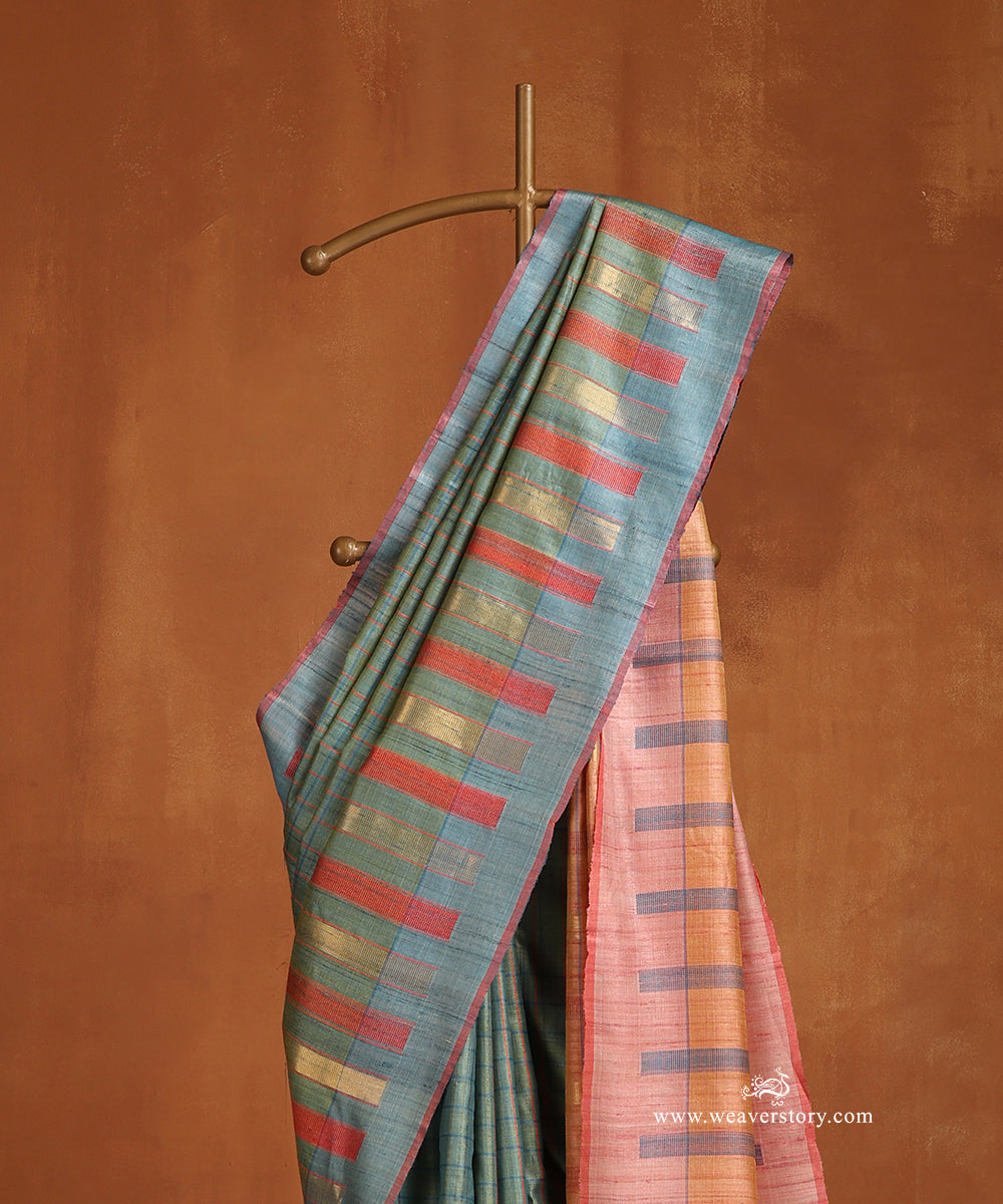 Light_Blue_Handloom_Pure_Tussar_Silk_Saree_With_Light_Blue_Checks_And_Peach_Palla_WeaverStory_02
